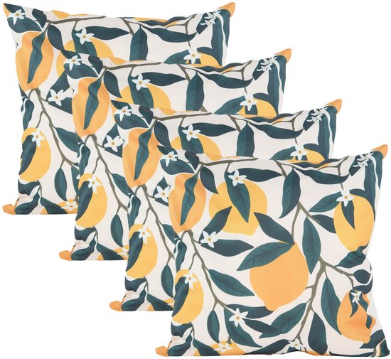 Anna's collection Coussin d'extérieur citrons - 4x - jaune/vert - 45 x 45 cm - Résistant à l'eau et aux UV - petit coussin pour l'extérieur - coussins de jardin