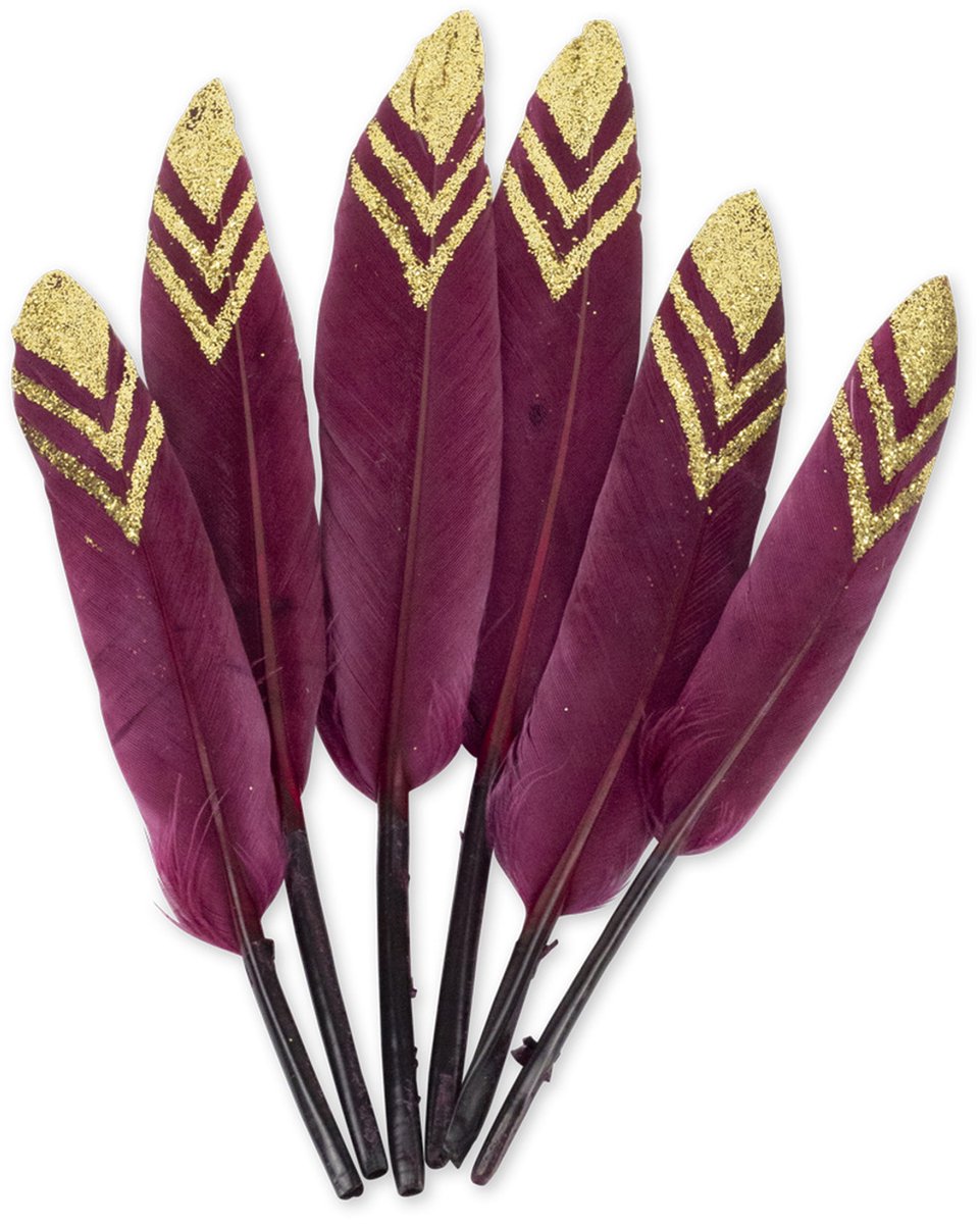 ARTYFETES - 6 etnische marsala veren met goudglitter 14 cm voor feestdecoratie