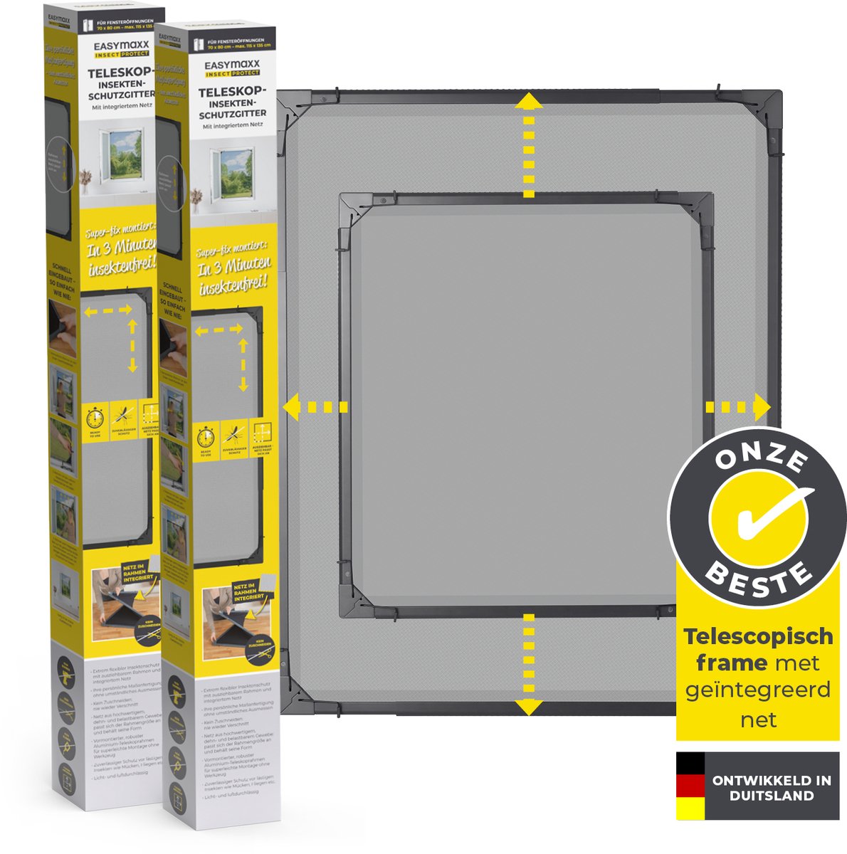 EASYmaxx Insect Protect Telescopische insectenhor voor ramen, met voorgemonteerd frame, uittrekbare insectenbescherming, geïntegreerd net- min. 73 x 83 cm tot max. 120 x 140 cm - antraciet, 2 stuks