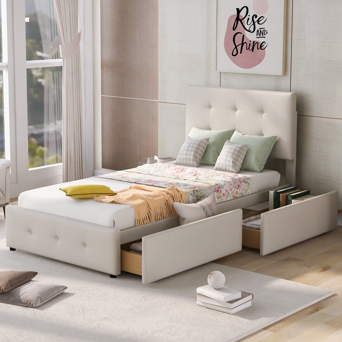 Wishdor Gestoffeerd Bedframe – 90 x 200 cm – Met Lattenbodem en Opberglade – Fluweel Beige – Klassieke Stijl met Stalen Kern – Stevig tot 200 kg – Ruimtebesparend voor Slaapkamer of Logeerkamer