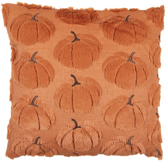 Coussin décoratif orange avec un motif de citrouilles en relief.