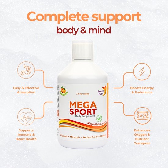 Fles MEGA SPORT 'Daily Supplement' met iconen die gemakkelijke absorptie, ondersteuning van immuun- en hartgezondheid, energiedoorbraak en verbetering van zuurstof- en voedseltransport aangeven.
