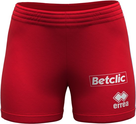 Klassieke rode sportshort voor dames met een gestreepte tailleband, het Betclic-logo en het Errea-logo op de zijkant.