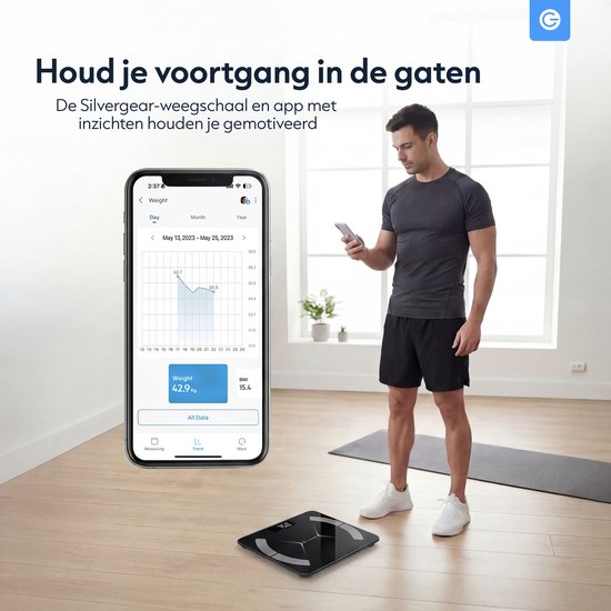 Silvergear Weegschaal met Lichaamsanalyse 14x - Bluetooth - Gehard Glas - Slimme Personenweegschaal - met App - Zwart