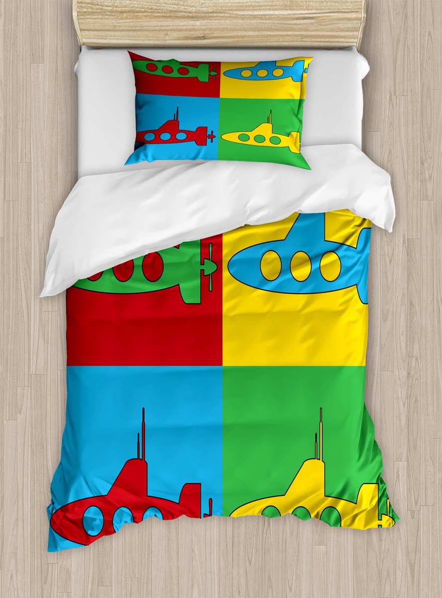 ABAKUHAUS Dekbedovertrekset met onderzeeërmotief voor eenpersoonsbedden, pop-art containerframes, inclusief kussensloop, 130 x 200 cm