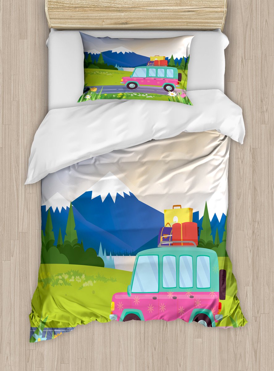 ABAKUHAUS Vintage Trucks Dekbedovertrekset voor eenpersoonsbedden, Campervan voor onderweg, inclusief kussensloop, 130 x 200 cm
