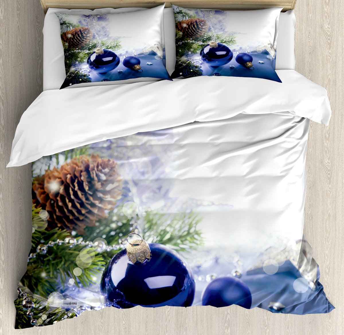 ABAKUHAUS Kerstdekbedovertrekset voor tweepersoonsbedden, blauw getint decoratief patroon, inclusief kussenslopen, 200 x 200 cm