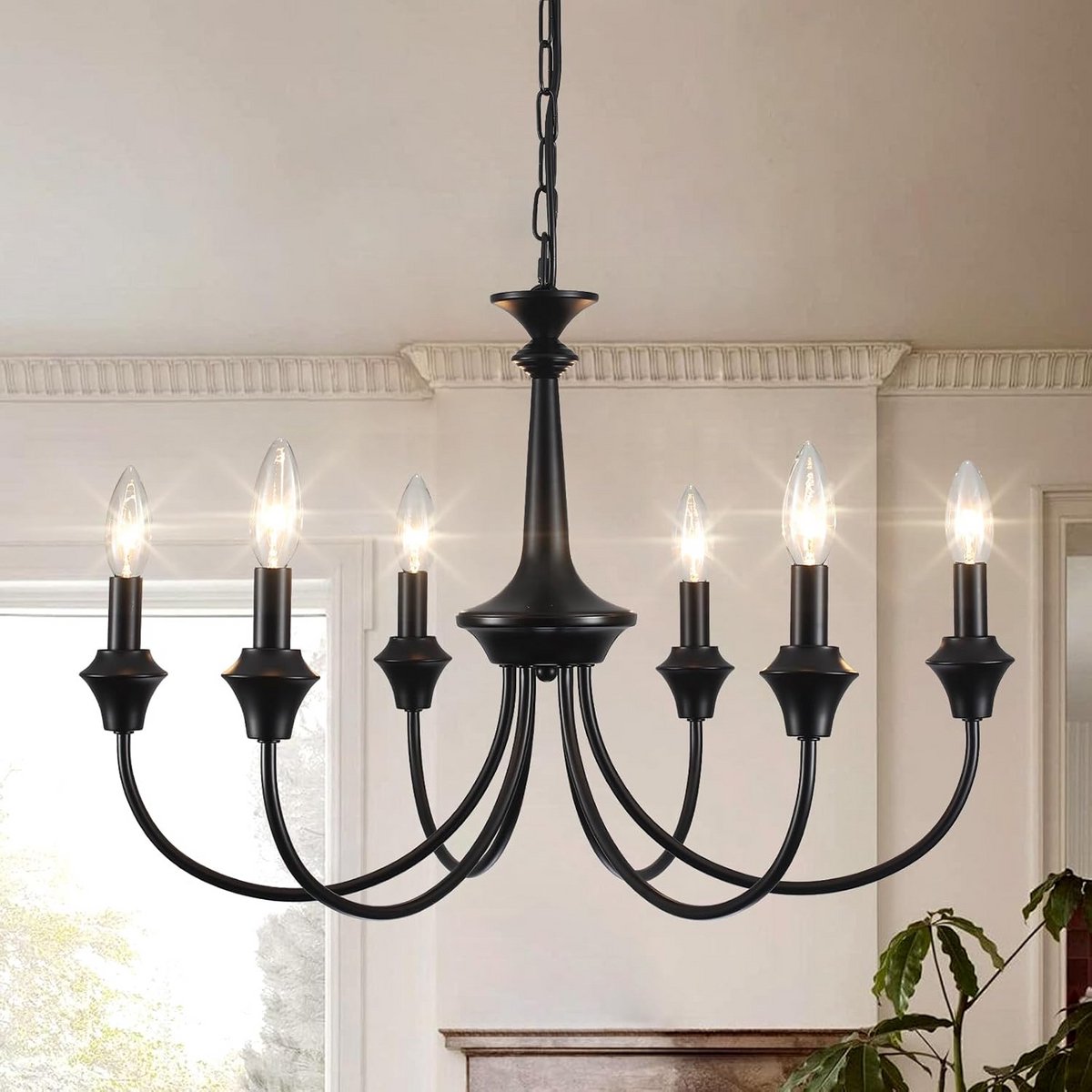 Zwarte Kroonluchter met 6 Lichtpunten, Vintage Industriële Plafondlamp voor Woonkamer en E