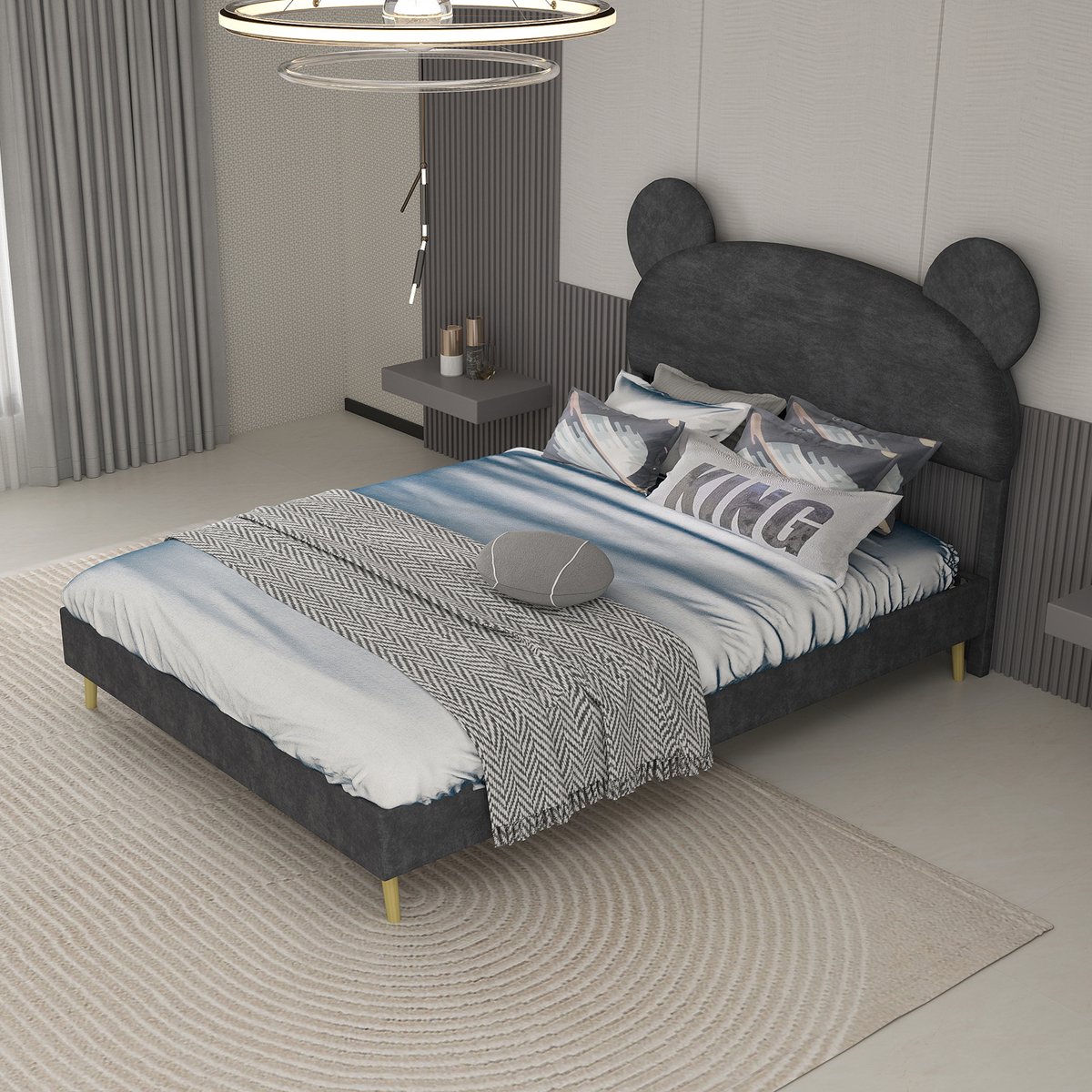 MODFU Bedframe 140x200 cm – Met cartoon-hoofdbord & pneumatische opbergruimte – Grijs