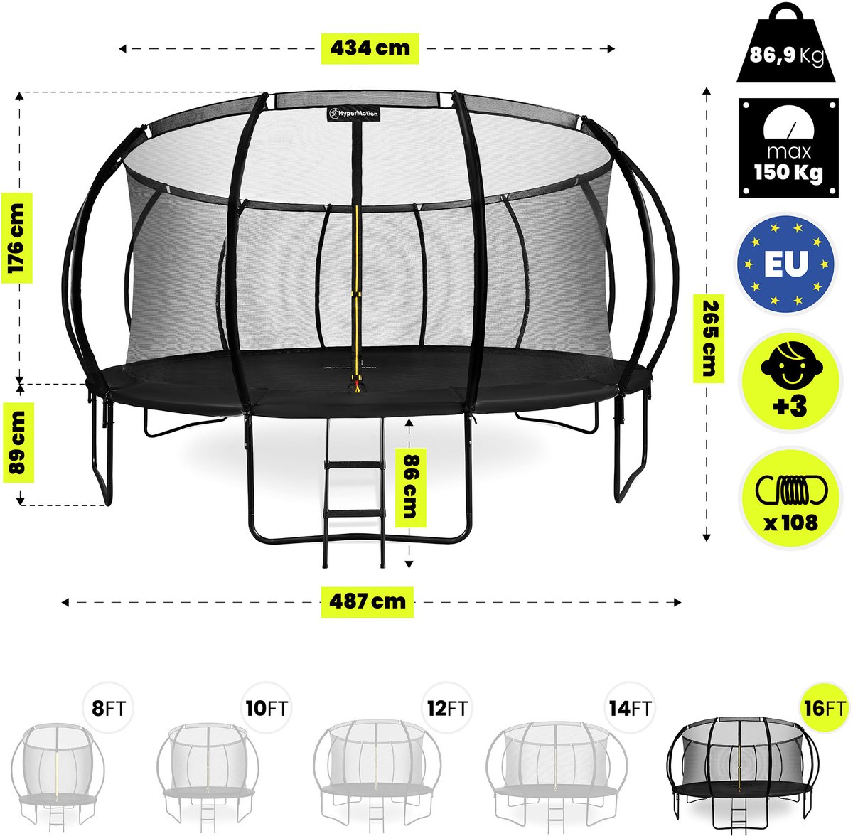 HyperMotion Kindertuintrampoline 3+, trampoline met ladder en binnennet voor huis en tuin, kinderspeelplaats, kindertrampoline, dubbele poten, 487 cm, 16 ft — afbeelding 7