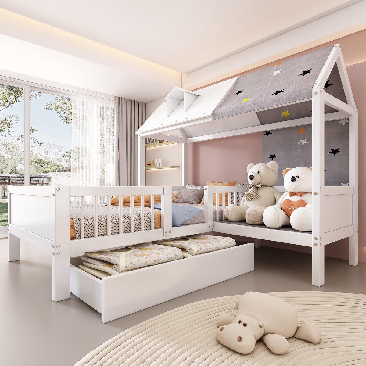 Clruro Huisbed - 90x200 cm - Met Tentdoek en Kussens - Inclusief Handige Laden - Hout - Wit