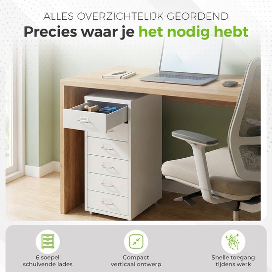 Wit ladeblok met 6 lades onder een houten bureau, met een laptop en muis erop. Een stoel staat ernaast.
