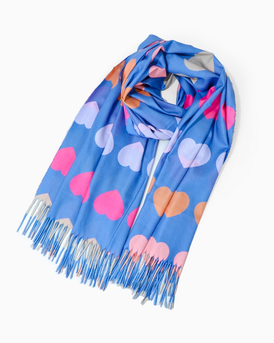 Nouka Blauwe Sjaal met Harten - Warme & Lichte Sjaal – Multicolor – Alle Seizoenen - 70 x 210 cm