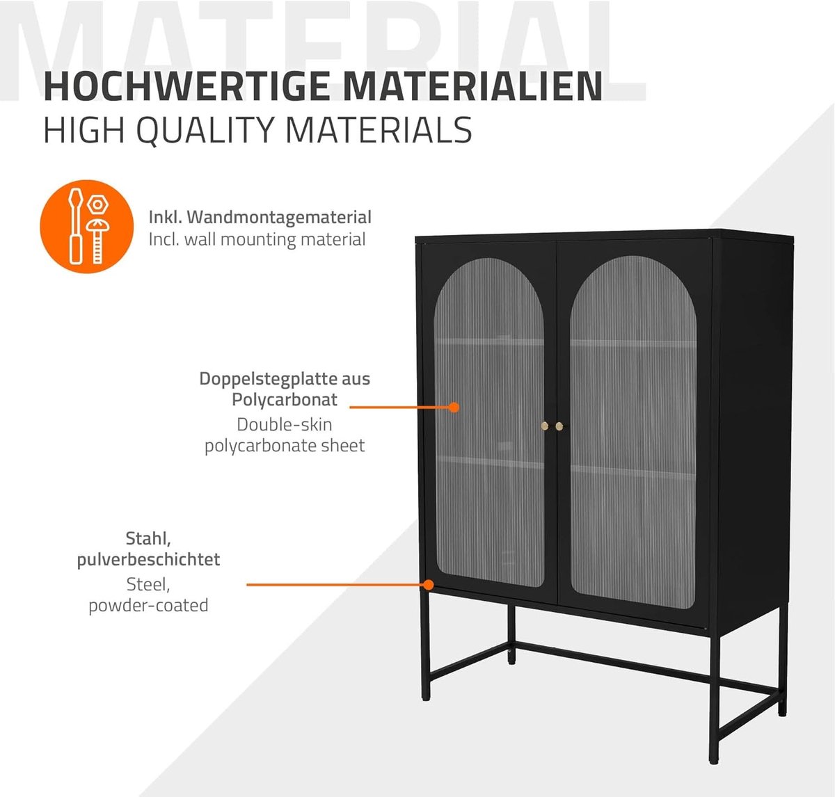 Vitrinekast Industrieel – Casa Velluto Zwarte Kast 85 x 120 x 40 cm met 3 Opbergruimtes en 2 Deuren | Stalen Woonkamermeubel | Multifunctionele Opbergkast voor Woonkamer, Eetkamer, Kantoor en Hal | Robuust & Stijlvol