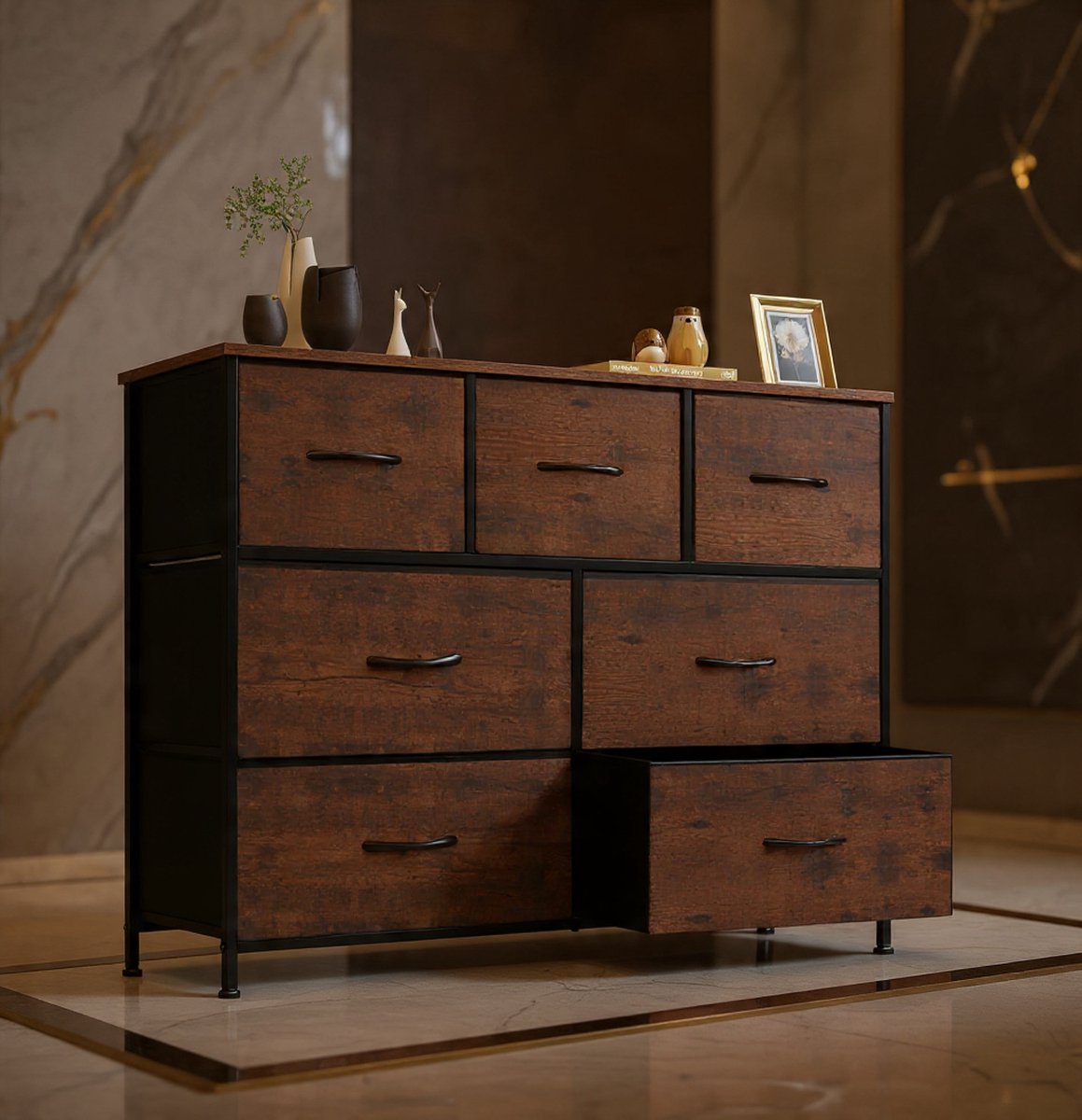 Luxe Brede Ladekast - 7 Lades Commode Organizer - Multifunctionele Slaapkamer & Woonkamer Opbergkast - Waterdicht Stalen Frame & MDF Bovenblad - 100x30x70 cm - Warm Geelbruin - Casa Serena – Casa D...