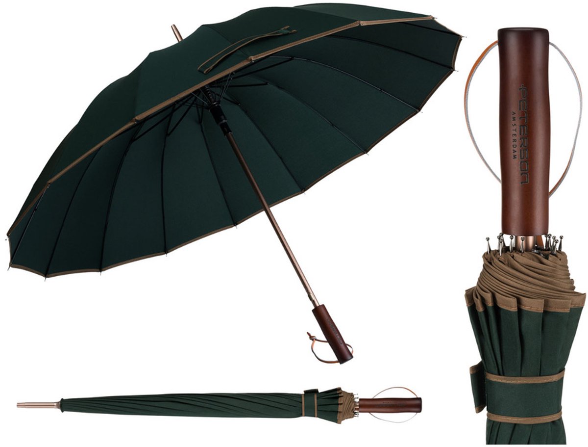 Peterson - Serie Elegante - Paraplu - Groen - Grote Kap - Houten Handvat