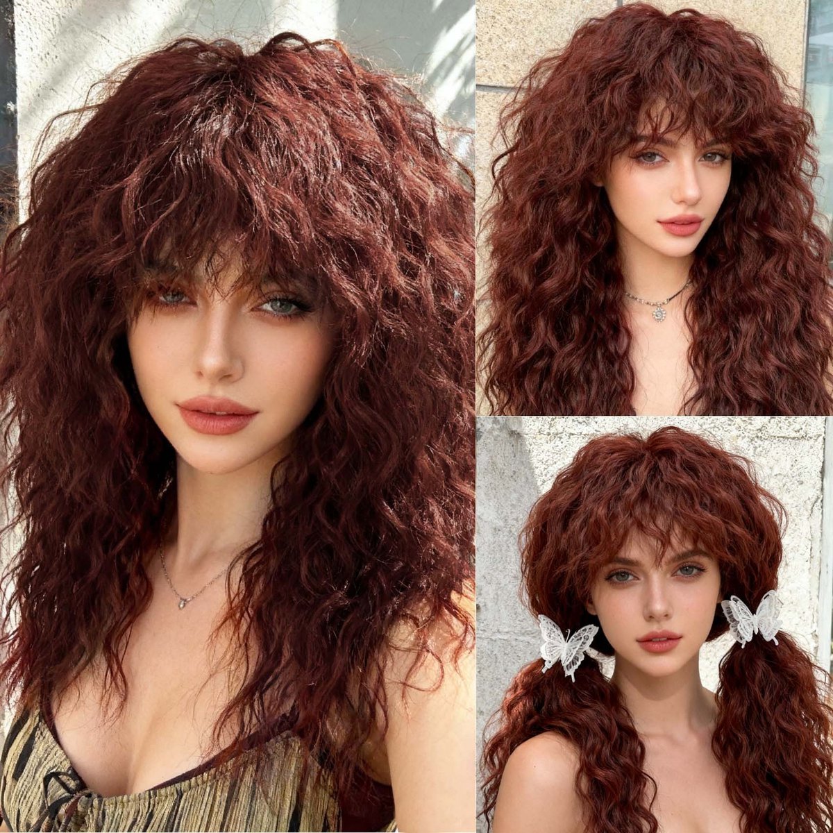 Daity 1 lange, golvende pruik voor dames, gemaakt van natuurlijk synthetisch haar, hittebestendig, charmante lange golvende pruik, middenscheiding, lang krullend haar, geschikt voor feestjes, cosplay en dagelijks gebruik (rood).