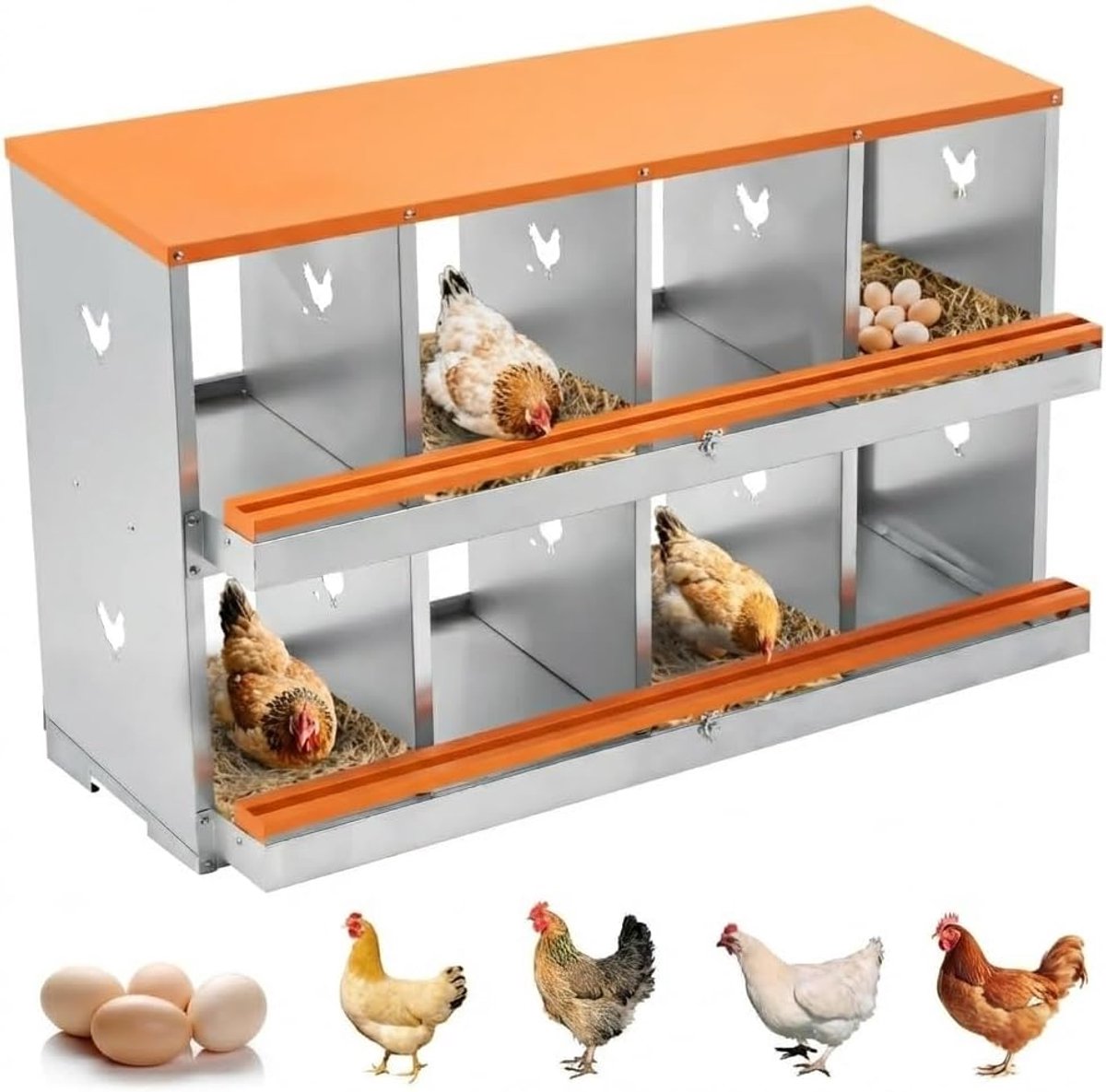 Garvee Kippennestkast met 8 compartimenten, twee verdiepingen, wandmontage, met rolmechanisme en grote ventilatieopeningen, verzinkt staal voor eenvoudig verzamelen en schoonmaken, oranje