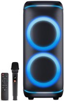 Zwarte luidspreker met dubbele blauwe LED-ringen en een microfoon en afstandsbediening ernaast.
