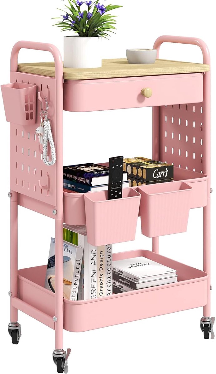 3-laagse metalen trolley – rolwagen met laden & geperforeerde panelen – multifunctionele opbergwagen met wielen – roze