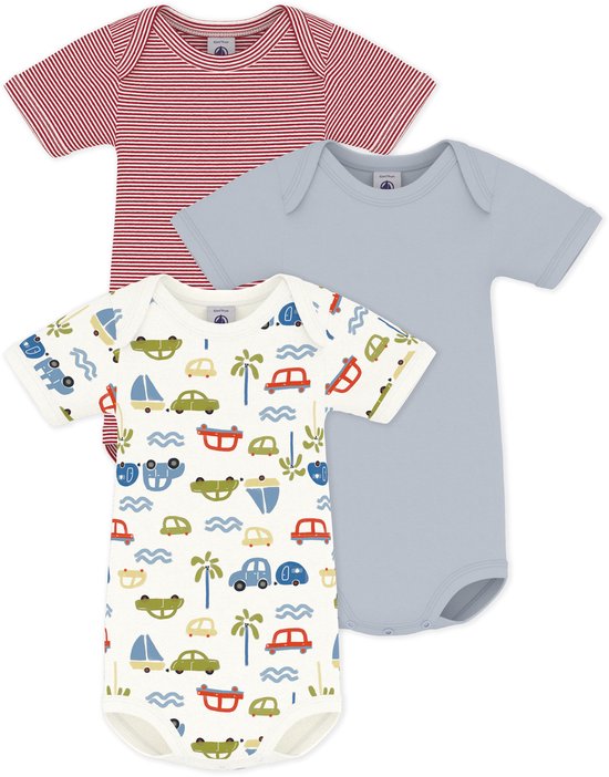 Petit Bateau Setje van katoenen body's met korte mouwen en autootjesprint Unisex Rompertje - Blauw + Rood/Wit + Groen