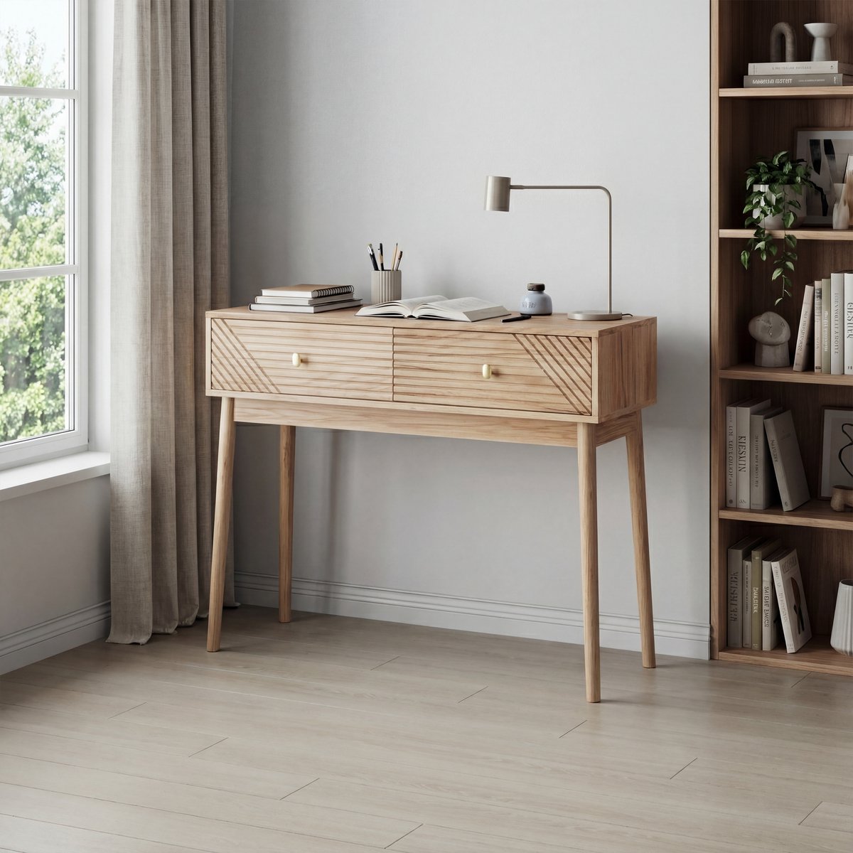 HAUSS SPOLE Consoletafel - Mid-Century Stijl Met 2 Lades En Open Vakken - Voor Woonkamer Hal En Kantoor - MDF - Eikenkleur