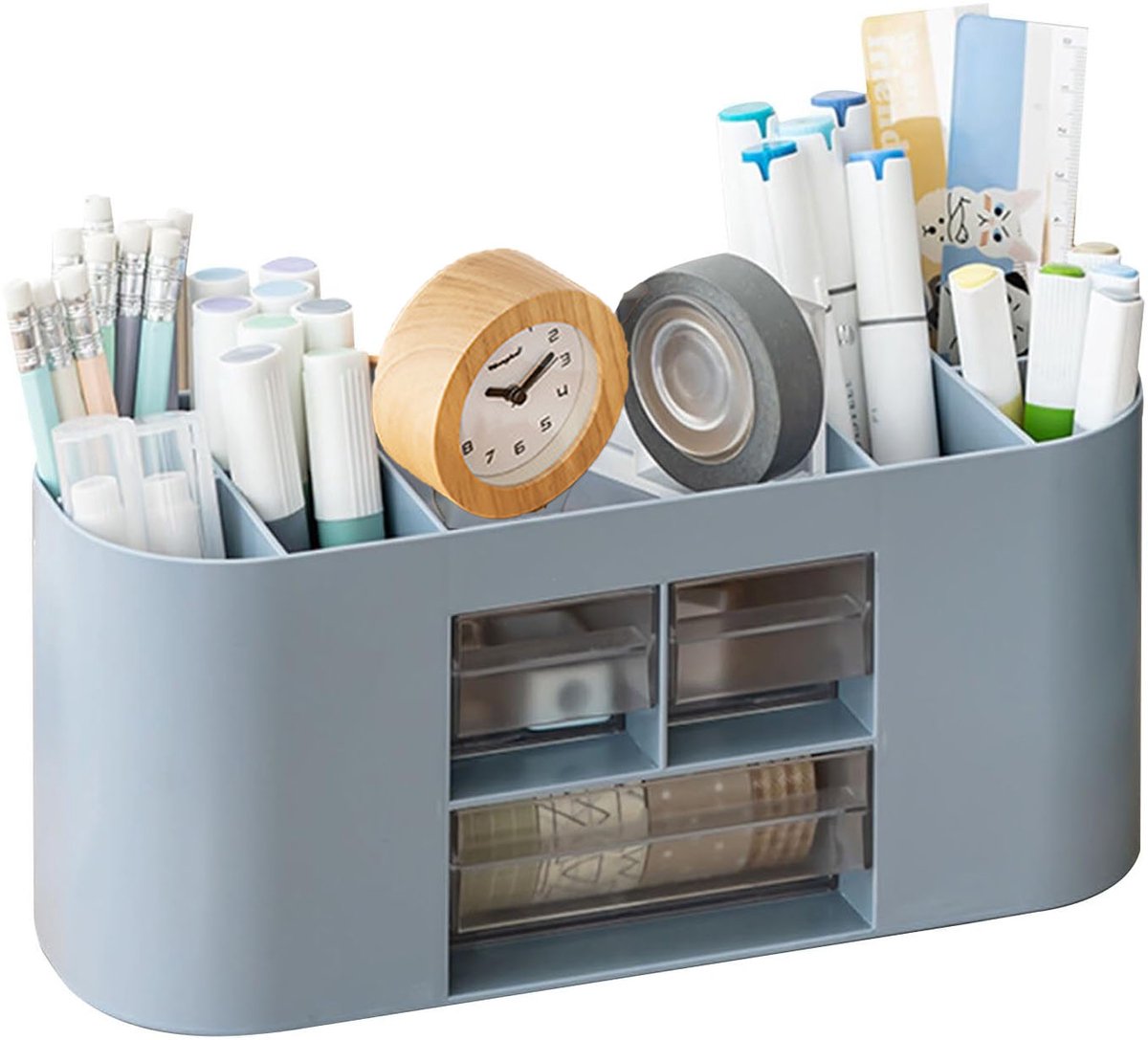 Opbergdoos met pennenhouder, bureau-organizer, 10 vakken, grote inhoud, transparante lade met dubbele laag, geschikt voor potloden, kleurpotloden en diverse schrijfwaren (blauw)