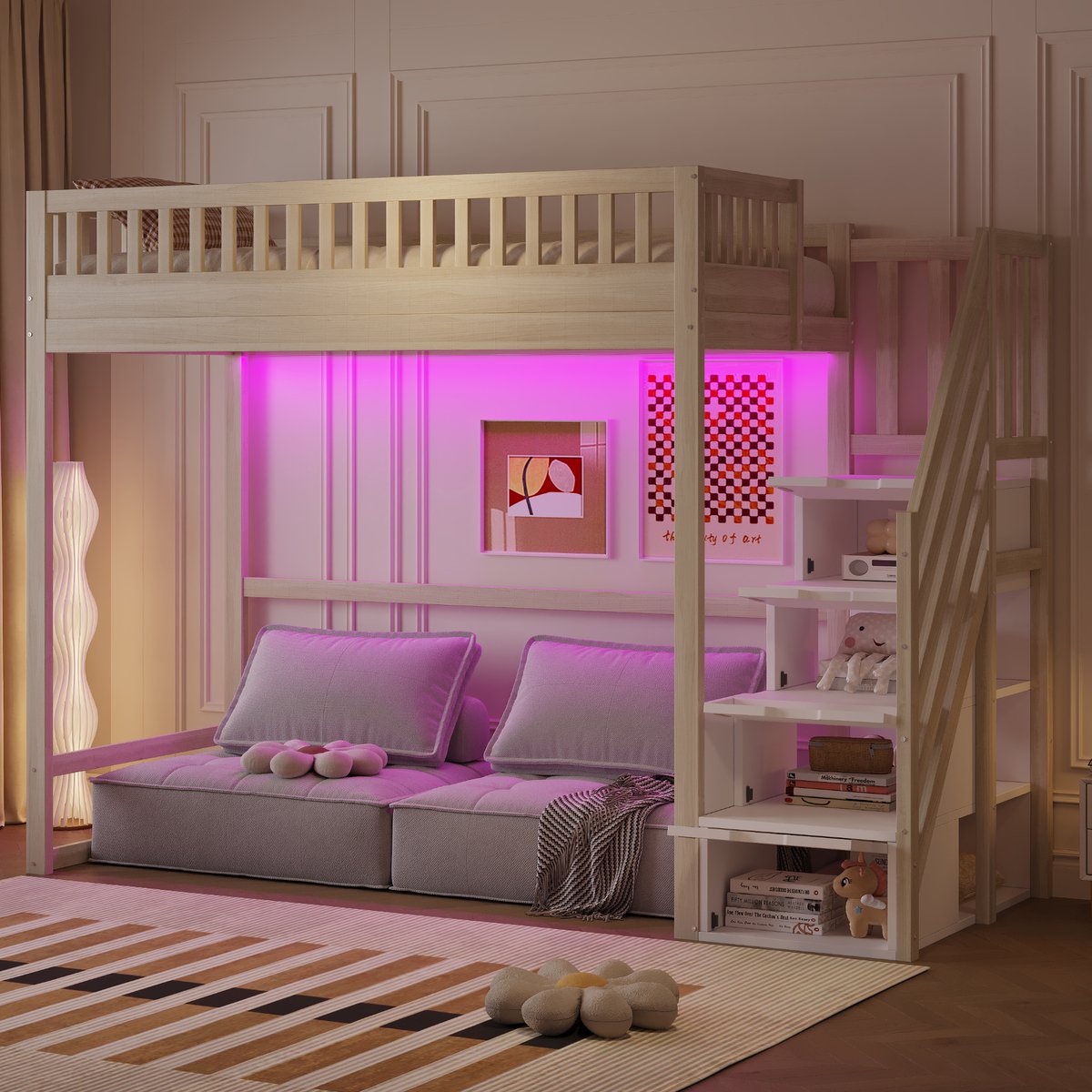 Clruro Hoogslaper - 90x200 cm - met LED & Trap - Veiligheidshekje - Grenenhout - Naturel