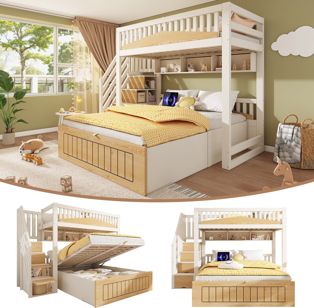 Stapelbed - 90x200 & 140x200 cm - Hydraulische Opslag - Trapkast & USB-C - Hout - Wit & Naturel