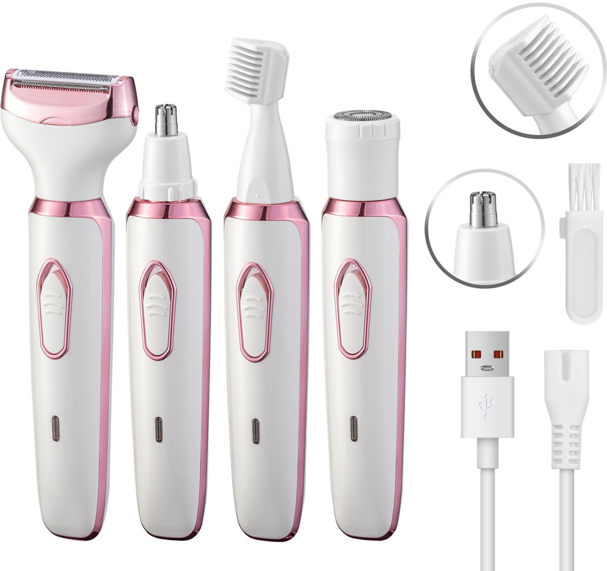 Dit 4-in-1 elektrische scheerapparaat is geschikt voor het verwijderen van schaamhaar bij vrouwen, pijnloos scheren van het lichaam, gezichtsepilator en schaamhaartrimmer voor vrouwen