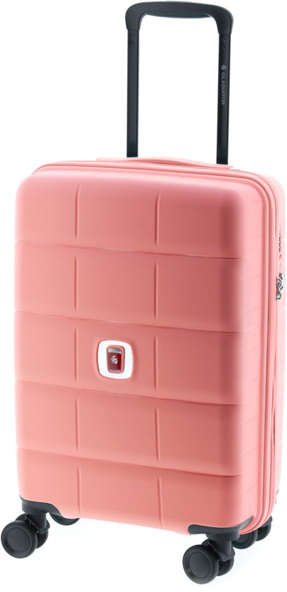 Roze koffer met uitschuifbaar handvat, vier wielen en een TSA-slot.