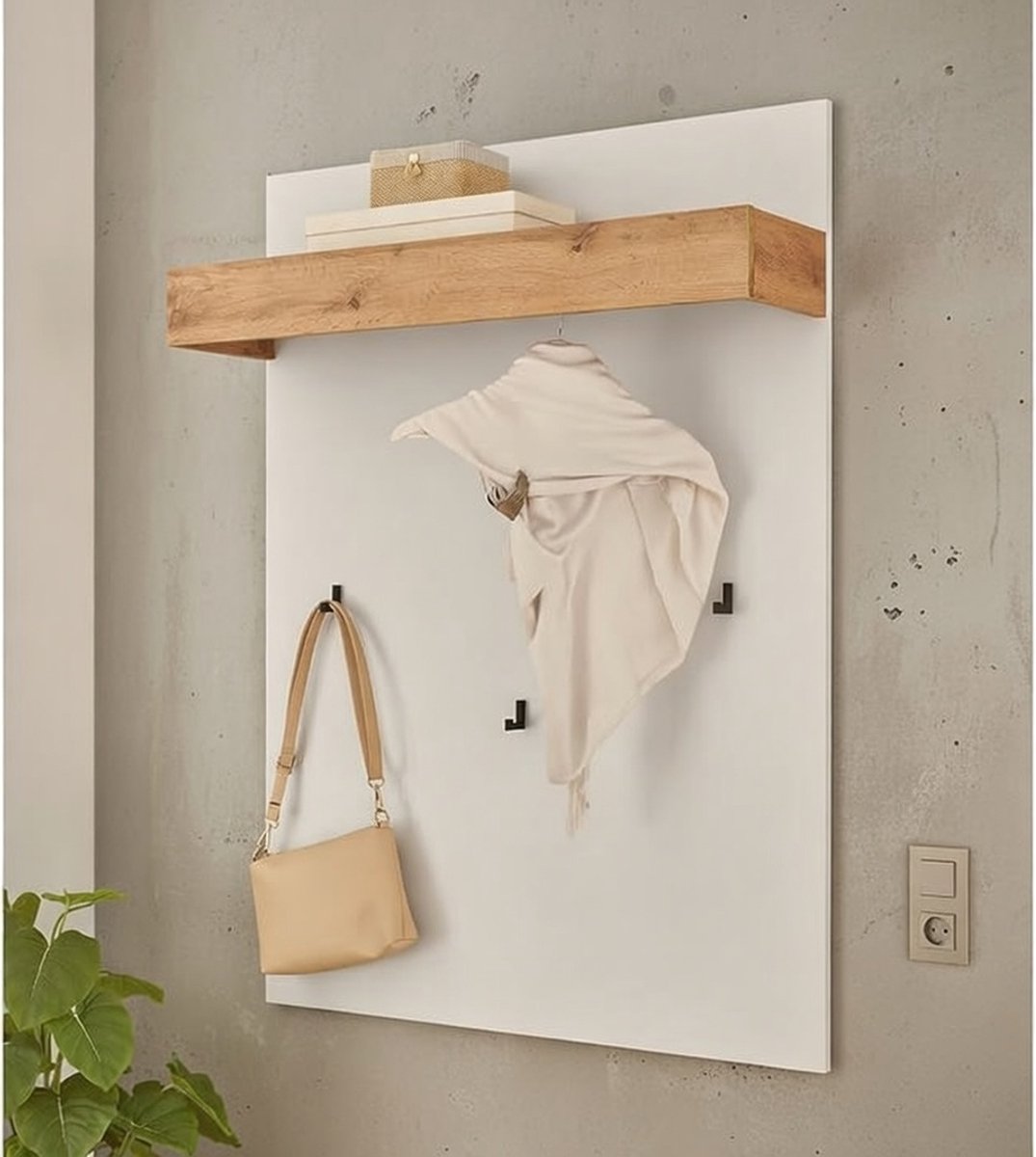 Luxe wandkapstok met plank en kledingrek – Wit & Wotan Eiken – Modern wandmeubel met 3 haken – Draagvermogen 20 kg – 90x120 cm Merk: Casa Serena – Casa Dorada