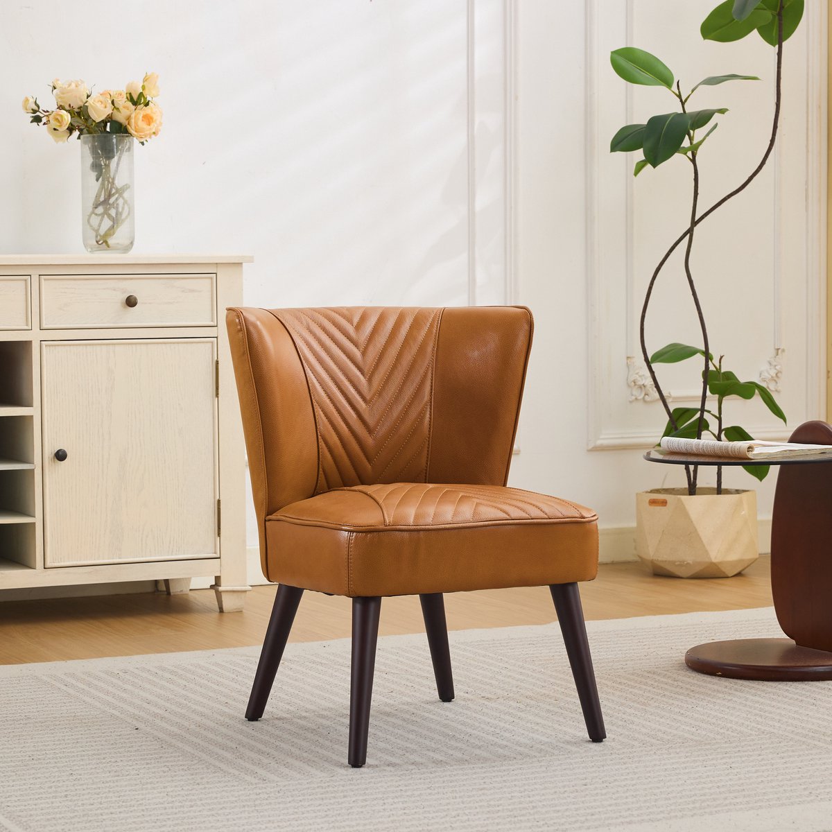 STILVORA Loungestoel Zonder Armleuningen - 64 x 80 x 82 Cm - Diagonale Stiksels - Voor Woonkamer En Kantoor - Leer Lichtbruin