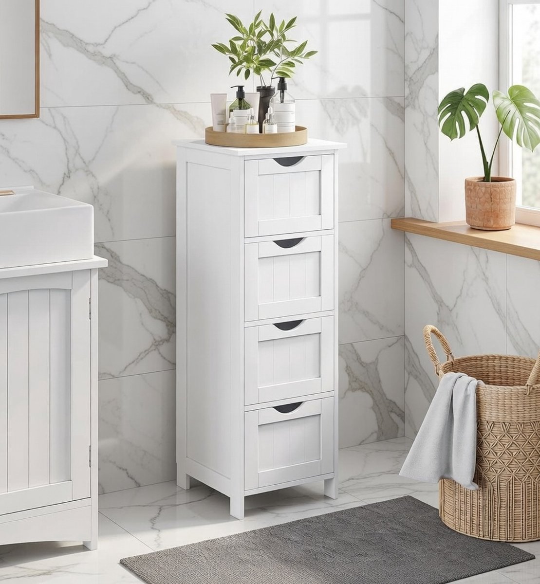 Nordica Slim Opbergkast 30x82 cm – Witte Houten Ladekast met 4 Schuiflades – Smalle Badkam