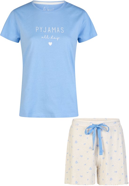 By Louise Dames Korte Pyjama Set Shortama Lichtblauw/Wit Gebloemd - Maat L