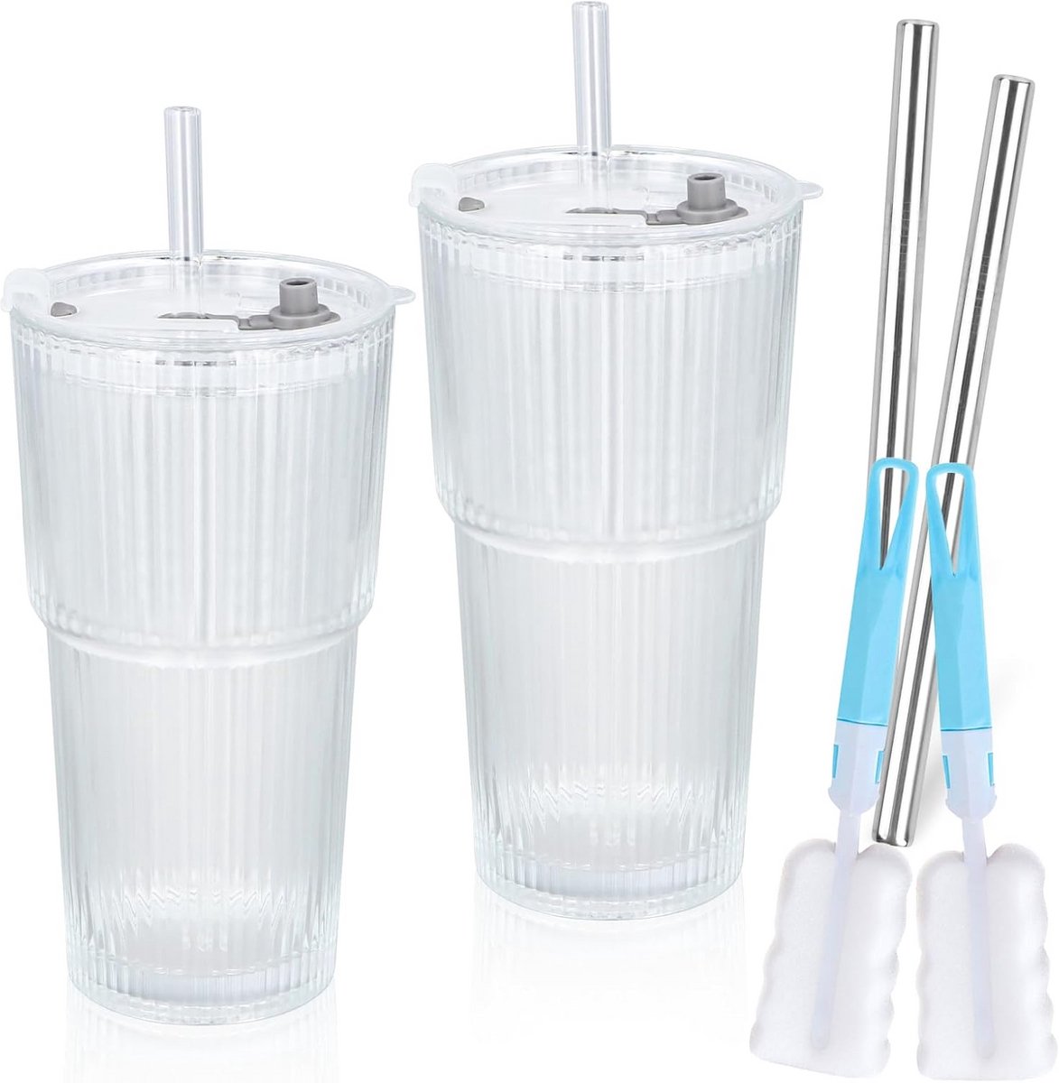 Set van 2 Grote Glazen Bekers 600ml met Deksel en Rieten voor Smoothies en Cocktails