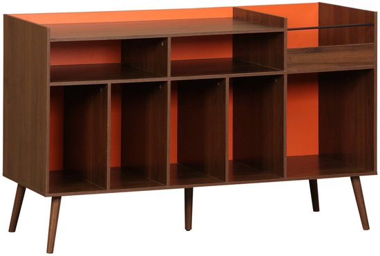 Zijaanzicht van een bruin dressoir met oranje achterwanden en schuine pootjes.