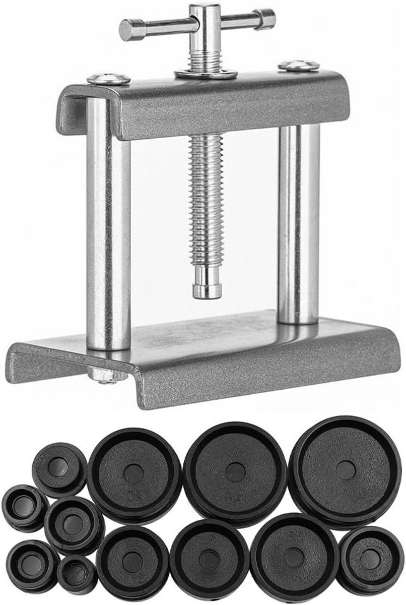 Allecto - Horloge Pers Gereedschap Set - Horlogekast Sluiter - Batterij Vervanging - Horloge Opener Remover met 12 stuks Fitting Dies.