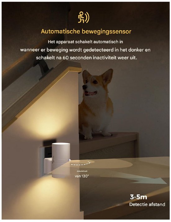 GELLDG Nachtlampje met bewegingssensor - Stekkerlamp - 3 standen (Aan/Automatisch/Uit) - Instelbare helderheid - Geschikt voor stopcontact - Ideaal voor gangen, keukens, badkamers, slaapkamers en trappenhuizen - Warm wit licht van GelldG — afbeelding 4