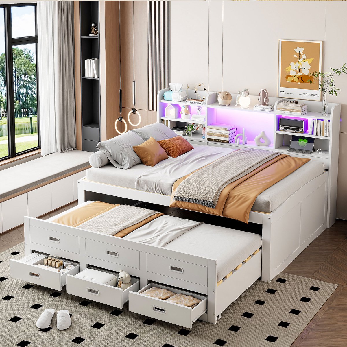 FloraGrace Bedbank 140x200cm – Met Led Verlichting En Usb En Type C – Uitschuifbaar Met 3 Lades En Bedplank – Zonder matras – Wit