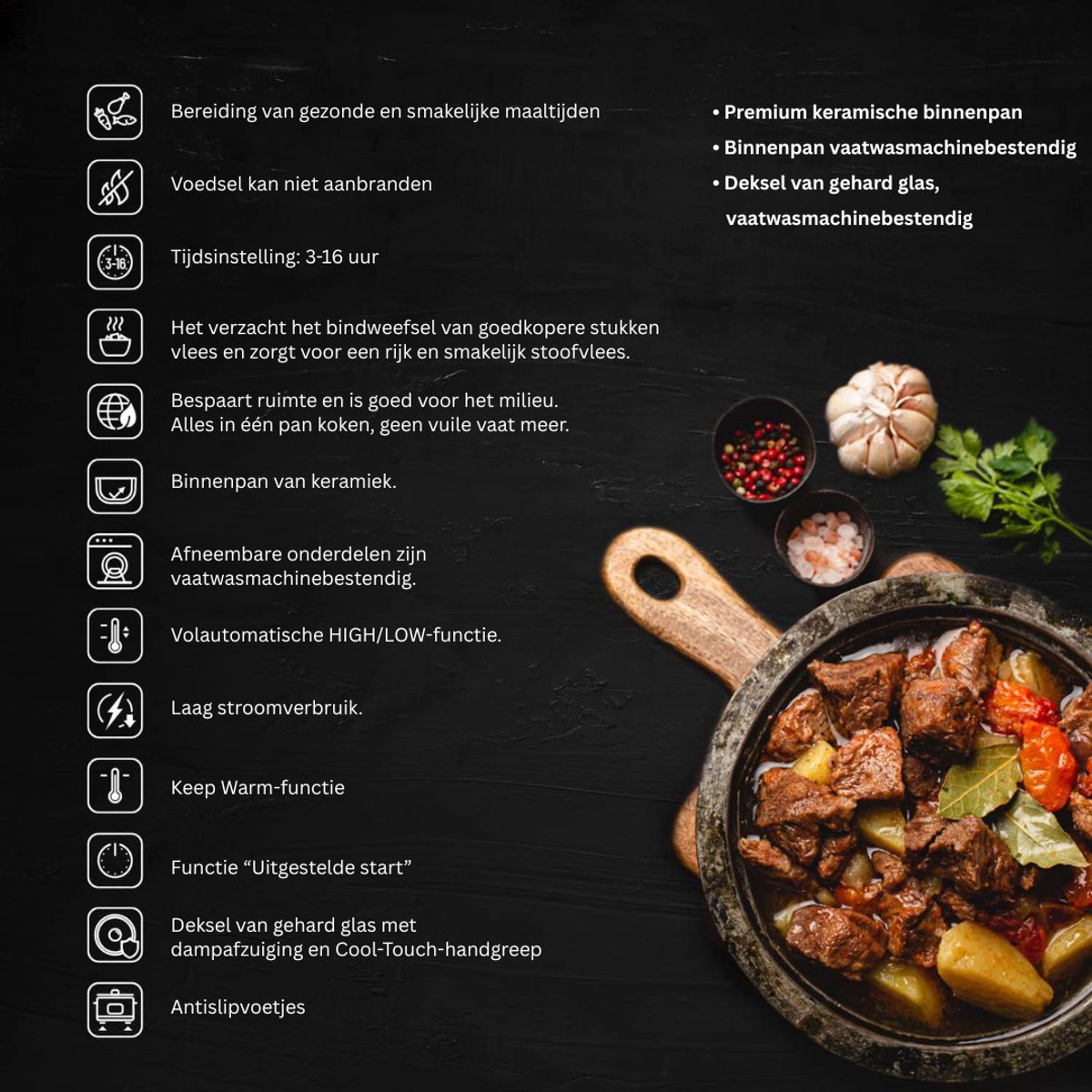 NBAP® Slowcooker met Timer - Keramische Binnenpan - Zilver - afbeelding 3