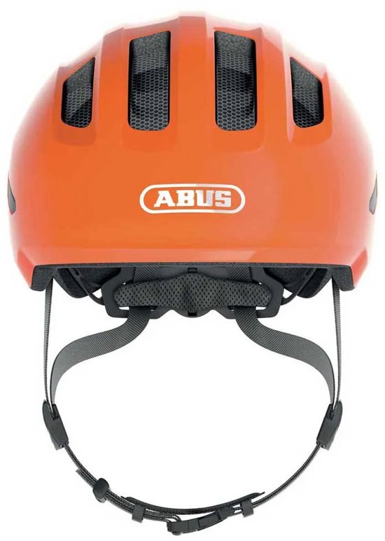 Oranje ABUS fietshelm, achterkant zichtbaar, met ventilatieopeningen en het ABUS logo.