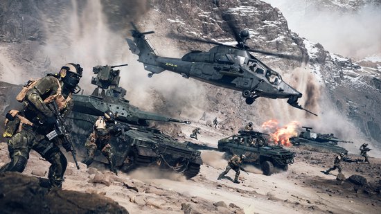 Militairen vechten in een rotsachtige, besneeuwde omgeving met tanks, een helikopter en een jeep.