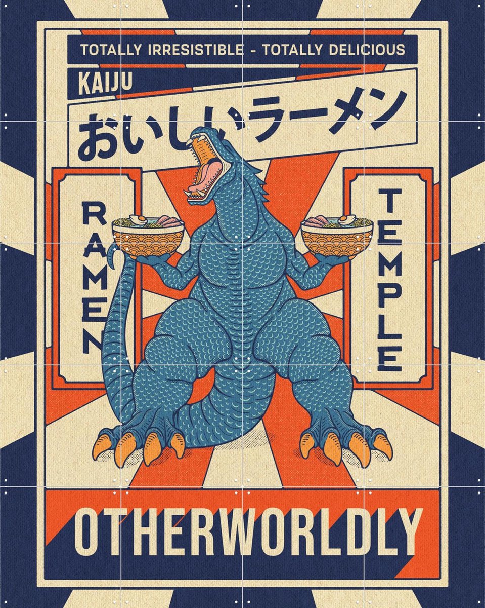 IXXI Ramen Temple Godzilla, Ryan Ragnini - 80 x 100 cm - Gratis ophangtool - Grote wanddecoratie en posters - Grafisch Ontwerp, Kleurrijk