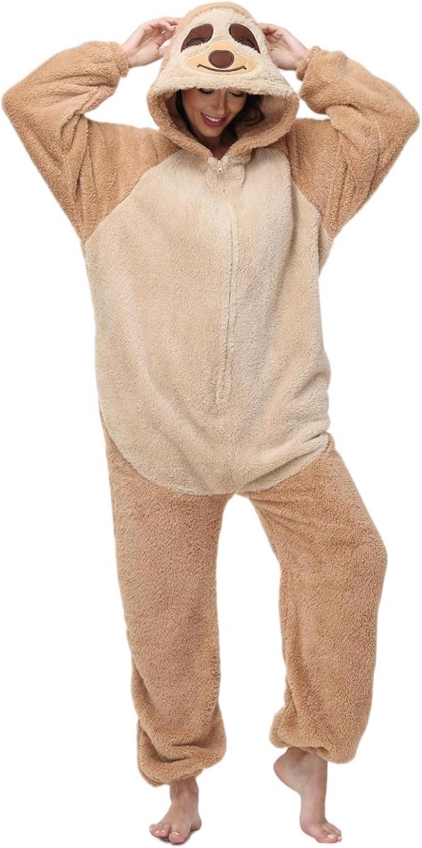 Warm en comfortabel dames en heren onesie pyjama met capuchon en dierenprint