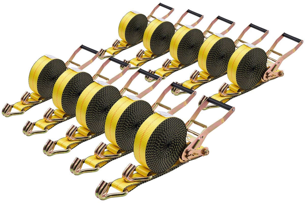 Ratelspanbanden (sjorbanden) - Set van 10 - Breedte 5,08 cm - Lengte 9,14 m - Breeksterkte 4536 kg - Dubbele J-haken - Ratelmechanisme - Zware uitvoering