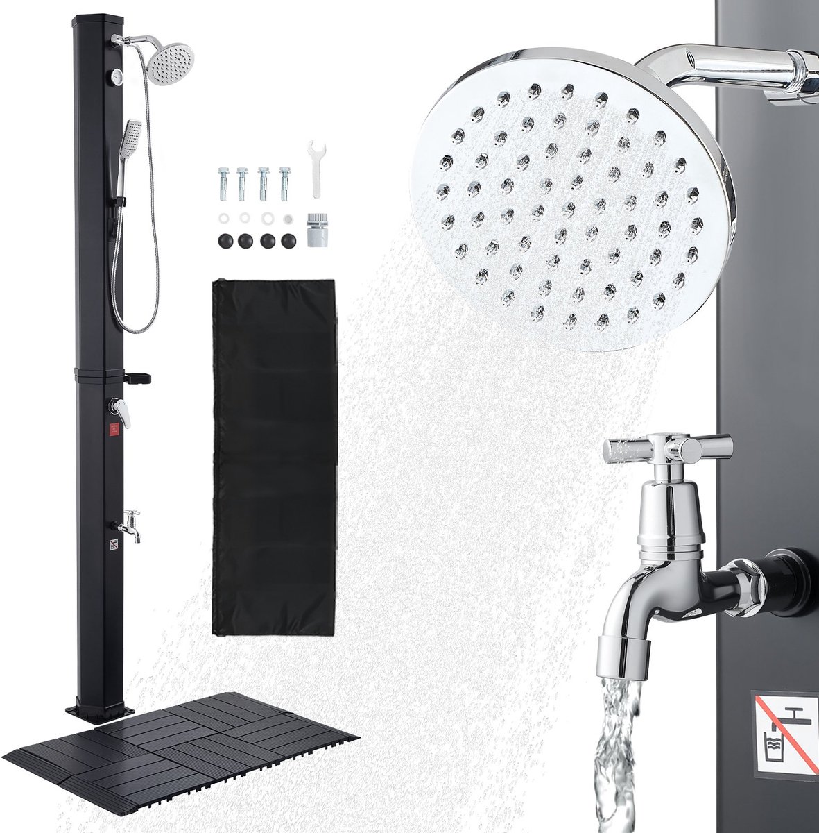 Solardouche - Buitendouche/Tuindouche - 40 L Watertank - Hoogte 229 cm - Met Grondplaat - Hand- en Voetkraan - Warm- en Koudwaterregeling - Zwart