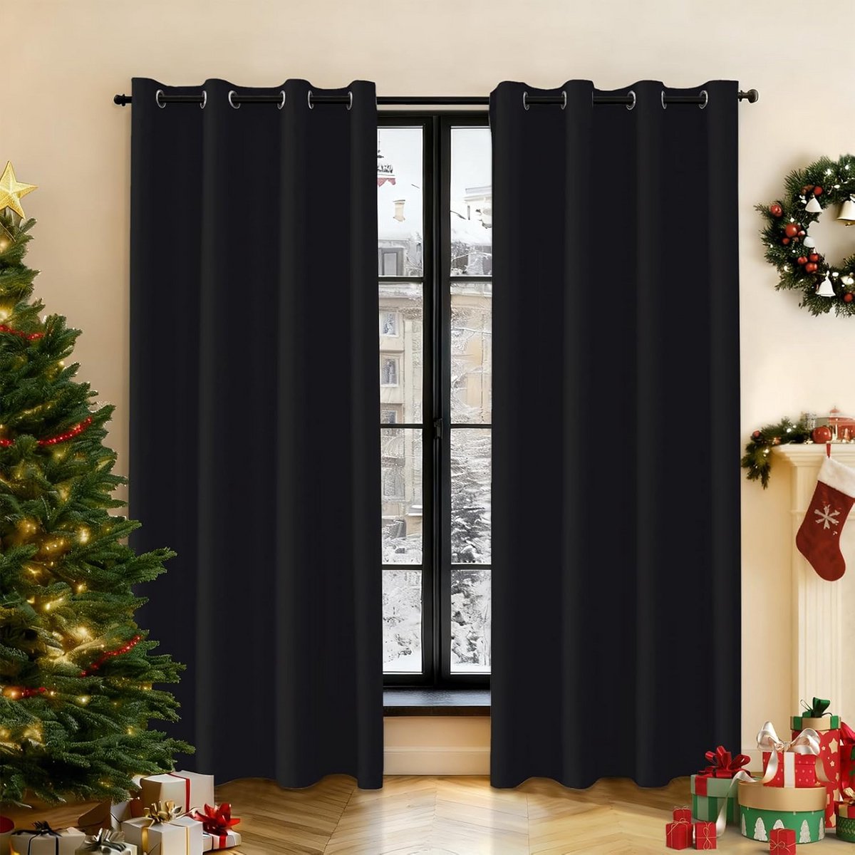 Verduisterende Gordijnen Set van 2 met Ringen 140x175cm Zwart