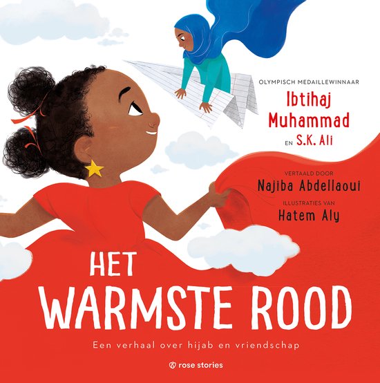 Illustratie van een meisje met een rode jurk en een blauwe hijab die een vliegtuig van papier vliegt. "Het Warmste Rood"