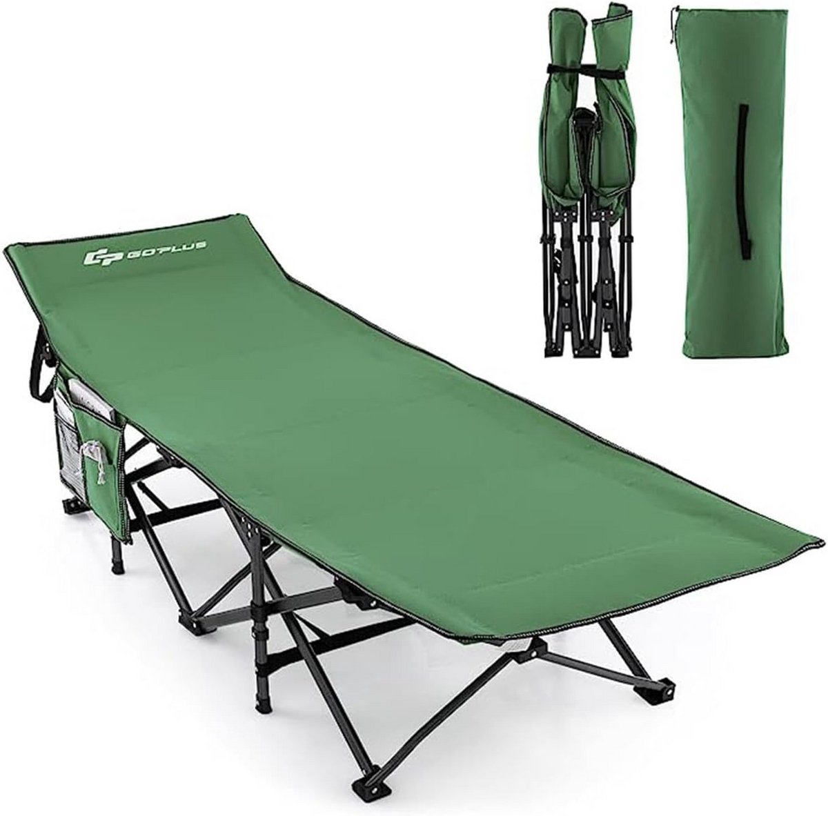 Inklapbaar Campingbed XL Met Verstelbare Hoofdsteun en Zijvak - Sterk en Draagbaar
